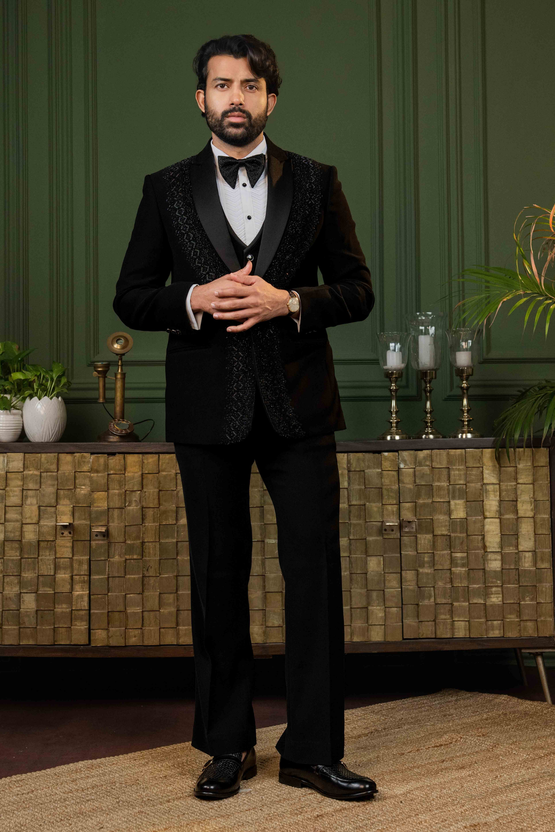 Black - Cutdana & Pearls - Polyester Lycra - Tuxedo – Image 5