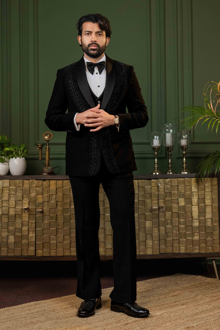 Black - Cutdana & Pearls - Polyester Lycra - Tuxedo