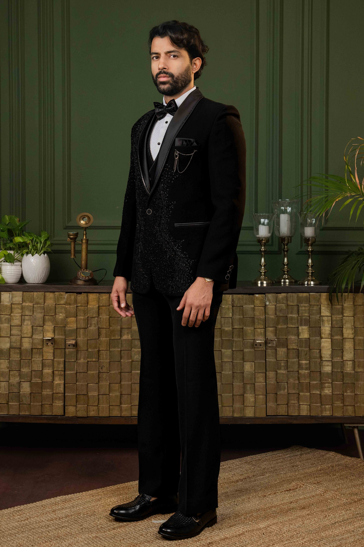 Black - Cutdana & Pearls - Polyester Lycra - Tuxedo