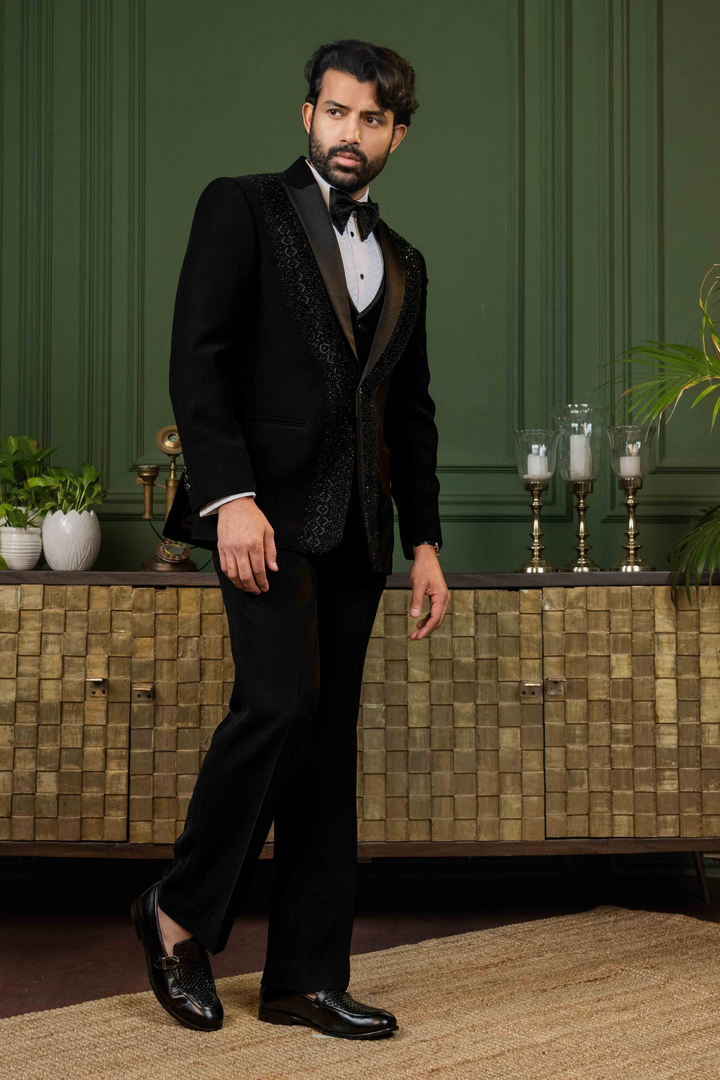 Black - Cutdana & Pearls - Polyester Lycra - Tuxedo