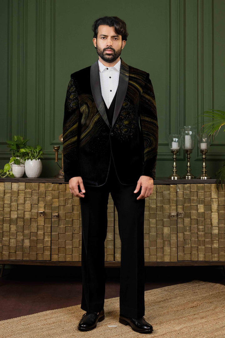 Black - Hand Paint & Cutdana - Silk Velvet - Tuxedo