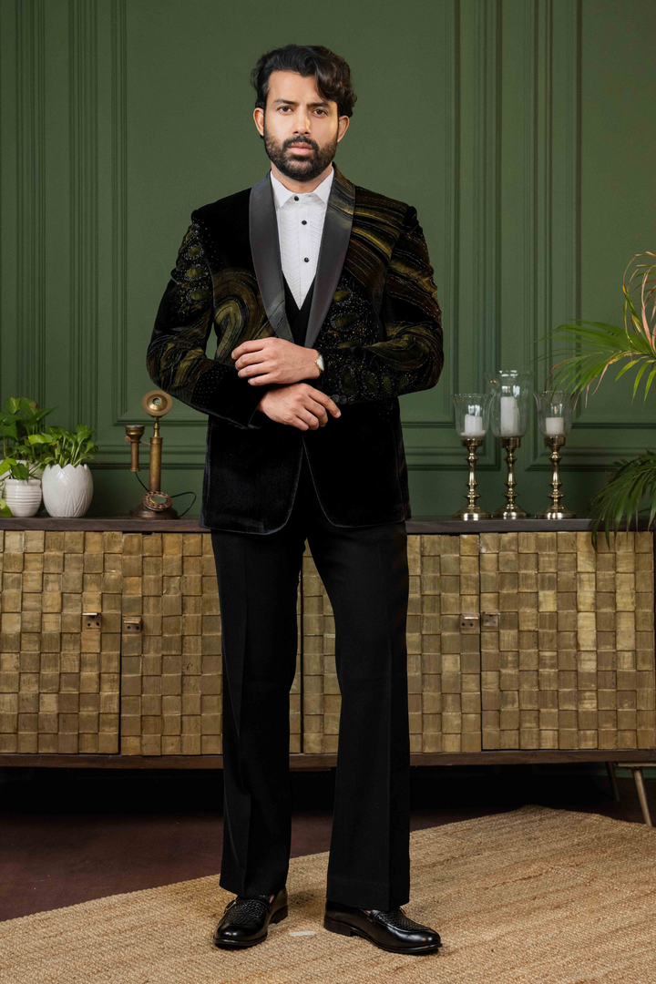 Black - Hand Paint & Cutdana - Silk Velvet - Tuxedo