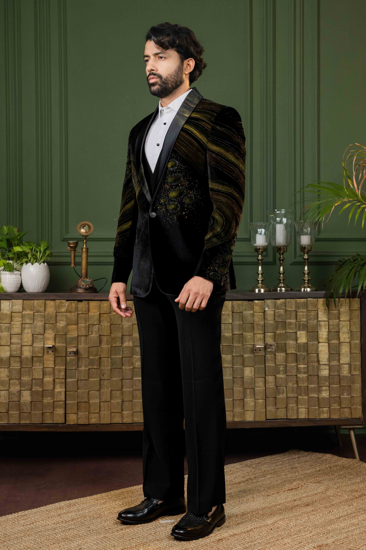 Black - Hand Paint & Cutdana - Silk Velvet - Tuxedo