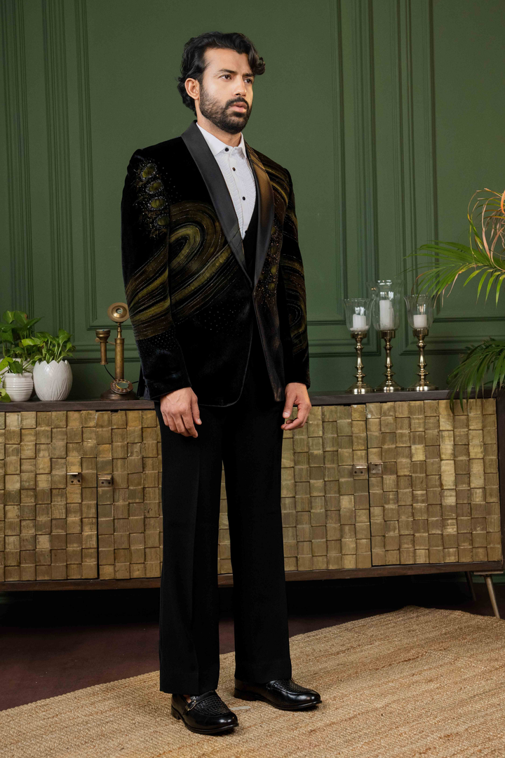 Black - Hand Paint & Cutdana - Silk Velvet - Tuxedo