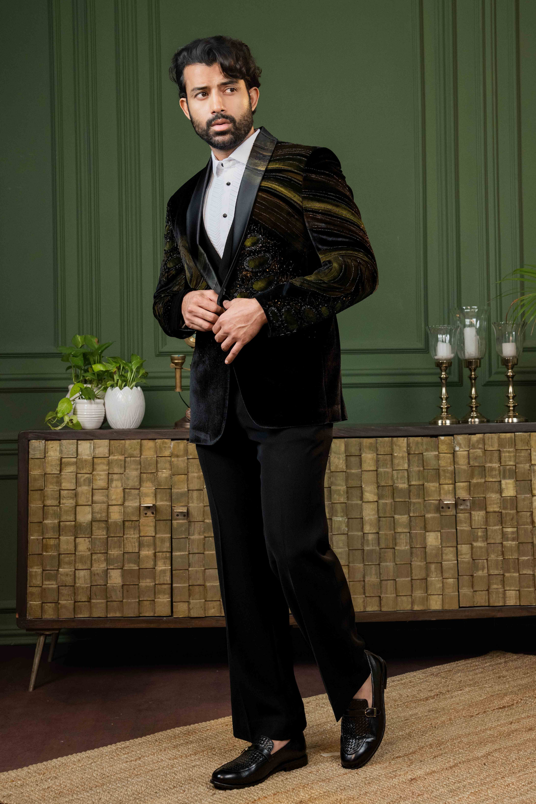 Black - Hand Paint & Cutdana - Silk Velvet - Tuxedo – Image 6