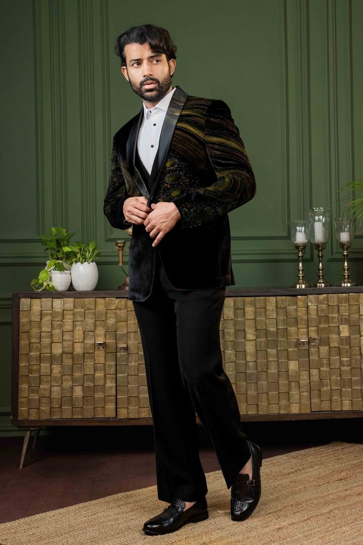 Black - Hand Paint & Cutdana - Silk Velvet - Tuxedo