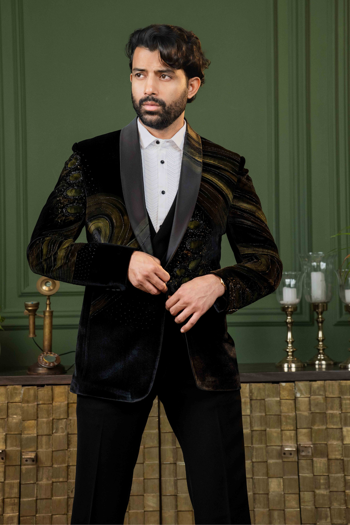 Black - Hand Paint & Cutdana - Silk Velvet - Tuxedo