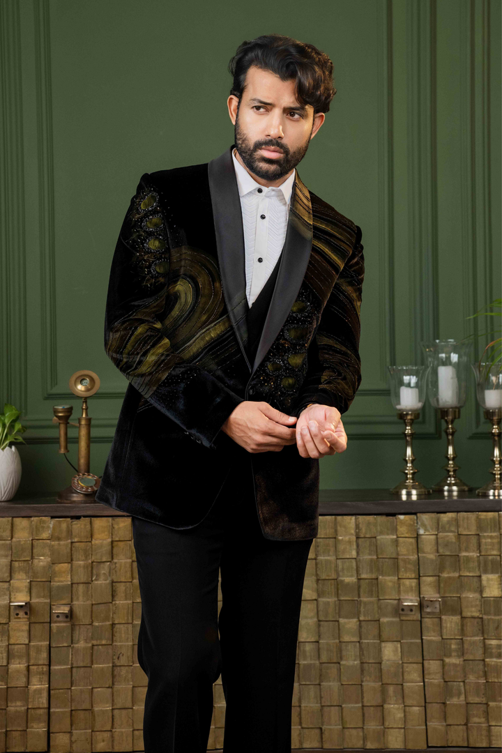 Black - Hand Paint & Cutdana - Silk Velvet - Tuxedo