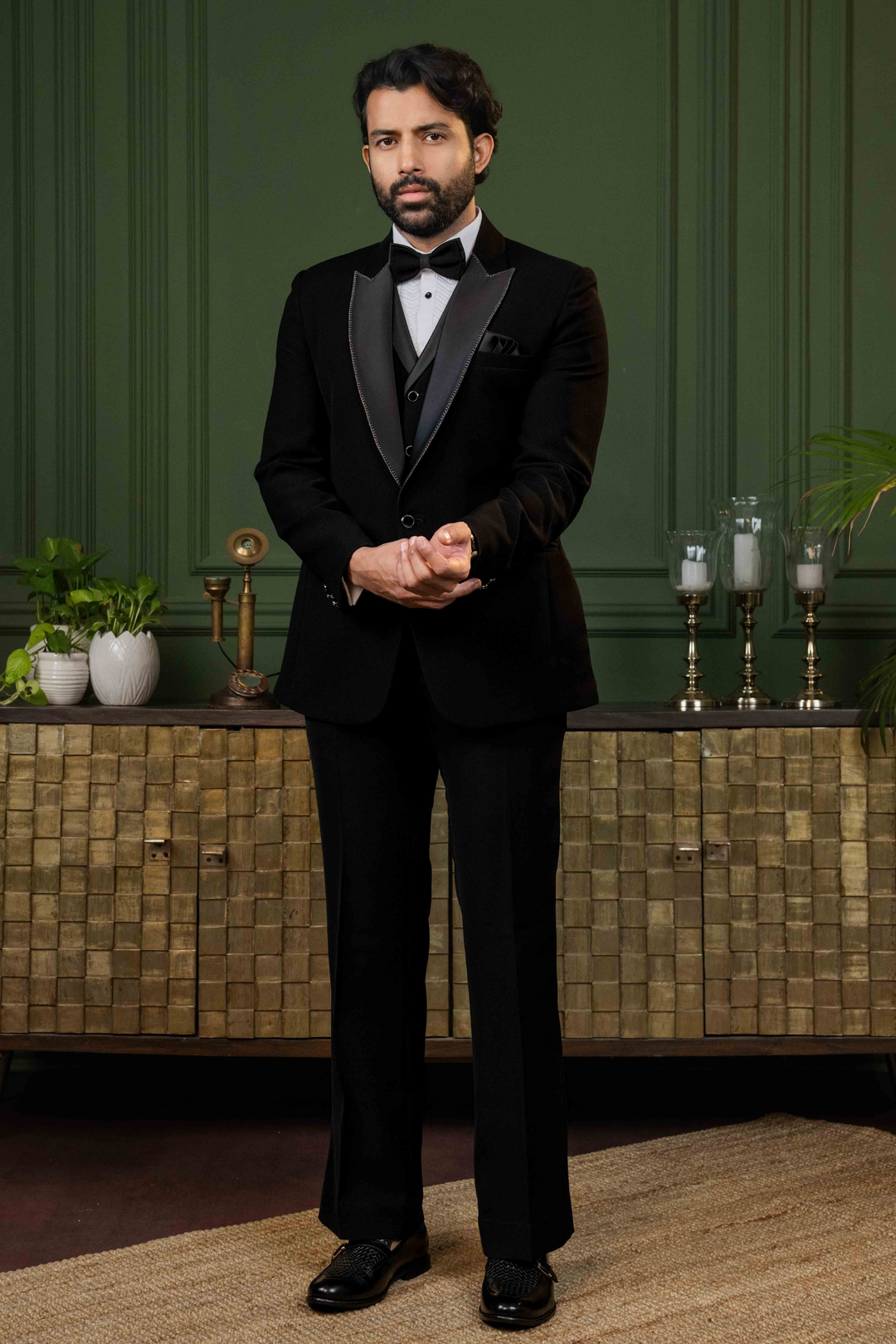Black - Kasab Aari Work - Polyester Stripe - Tuxedo – Image 1