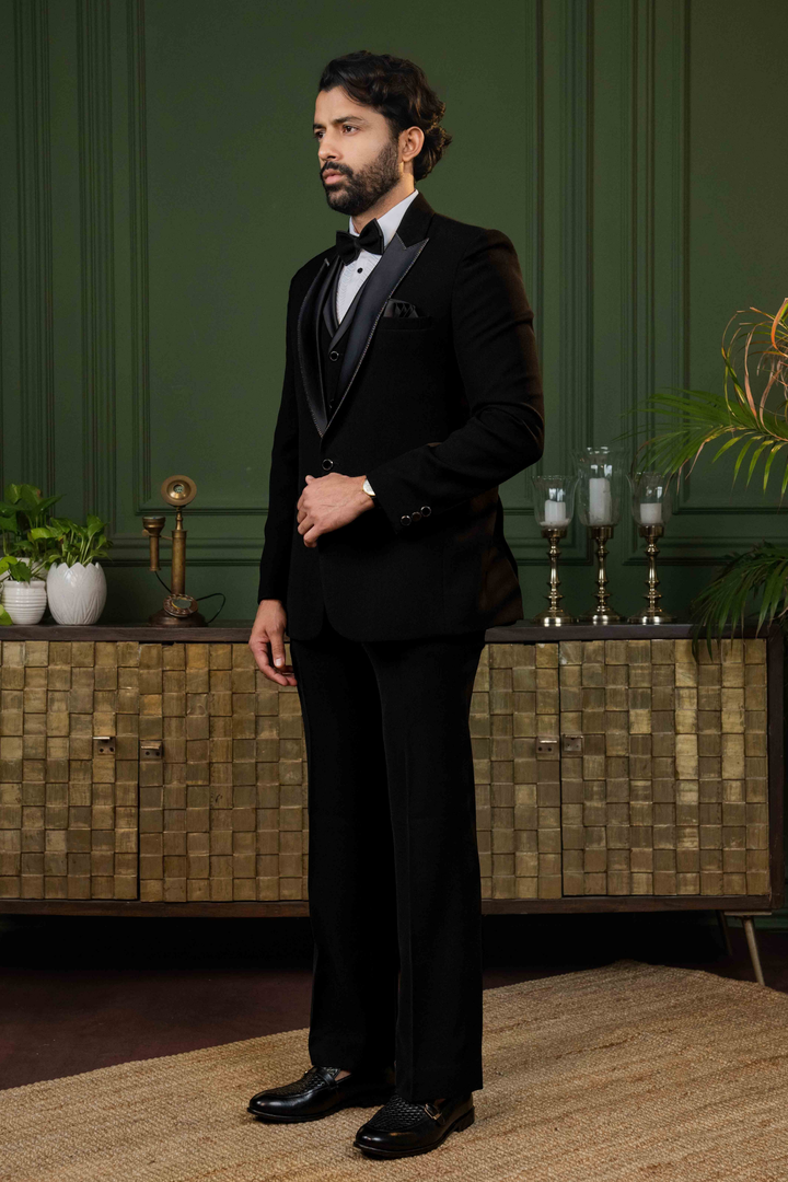 Black - Kasab Aari Work - Polyester Stripe - Tuxedo