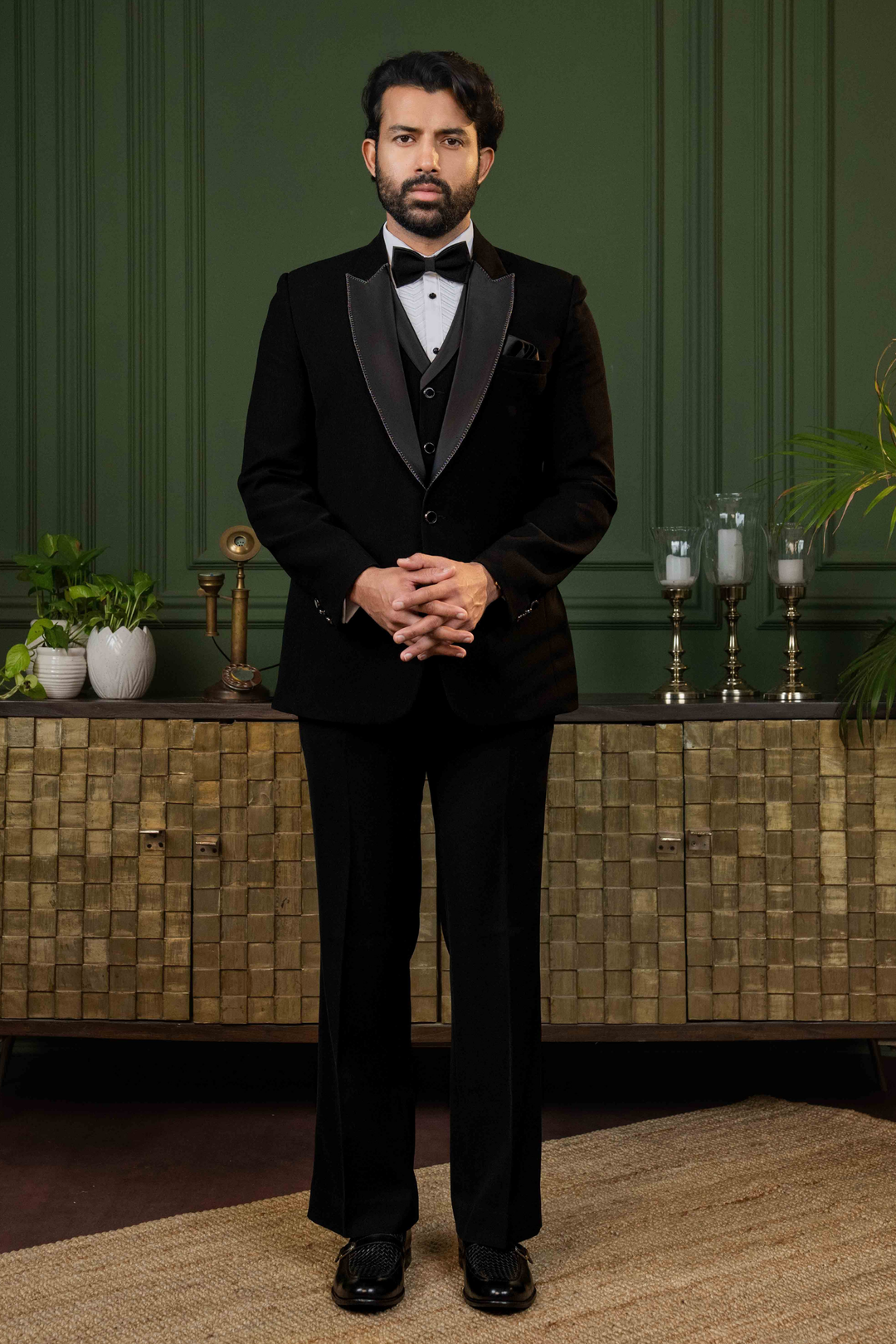 Black - Kasab Aari Work - Polyester Stripe - Tuxedo – Image 4