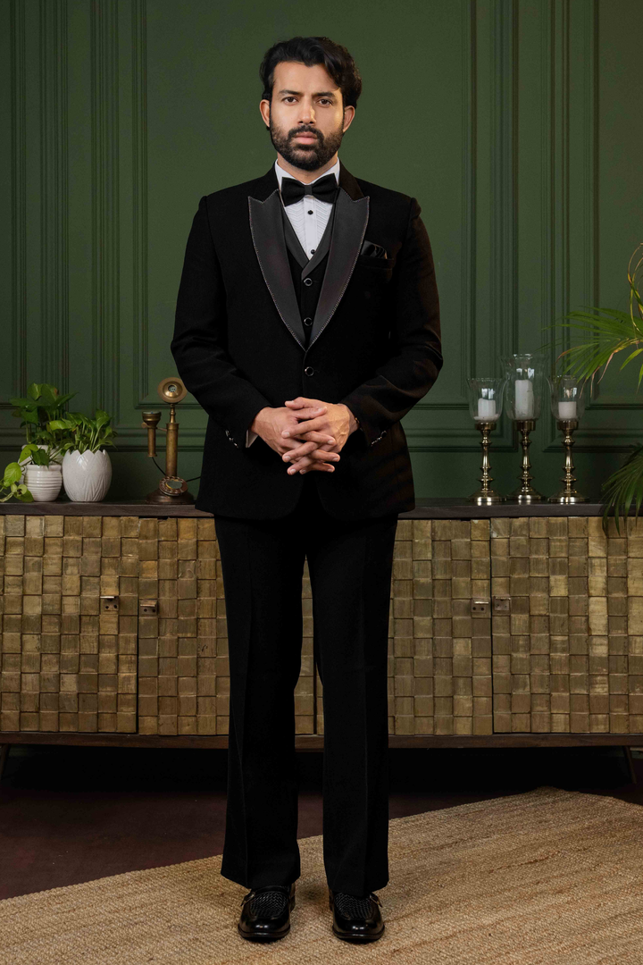 Black - Kasab Aari Work - Polyester Stripe - Tuxedo