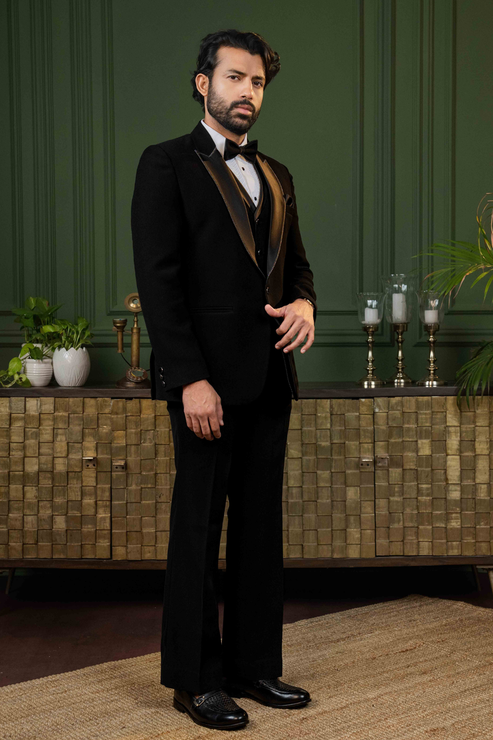 Black - Kasab Aari Work - Polyester Stripe - Tuxedo