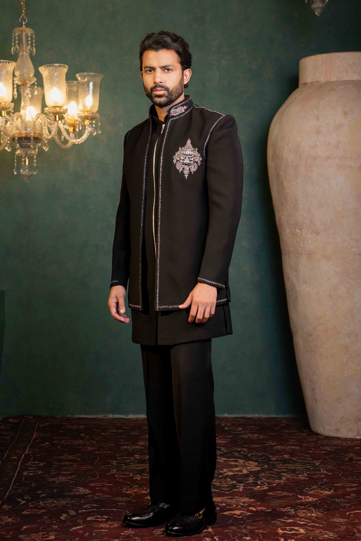 Black - Metal Brooch & Zardoshi - Polyester Lycra - Indo Western