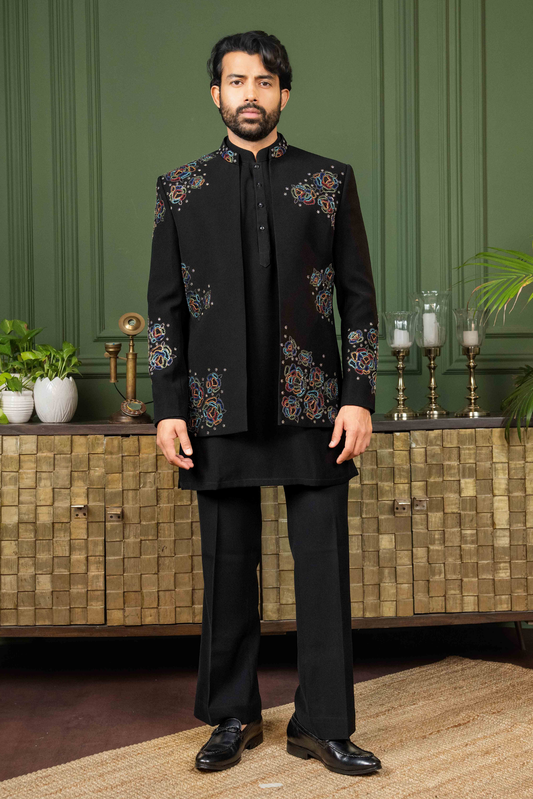 Black - Multicolor Thread & Pearls - Polyester Lycra - Indo Western – Image 1