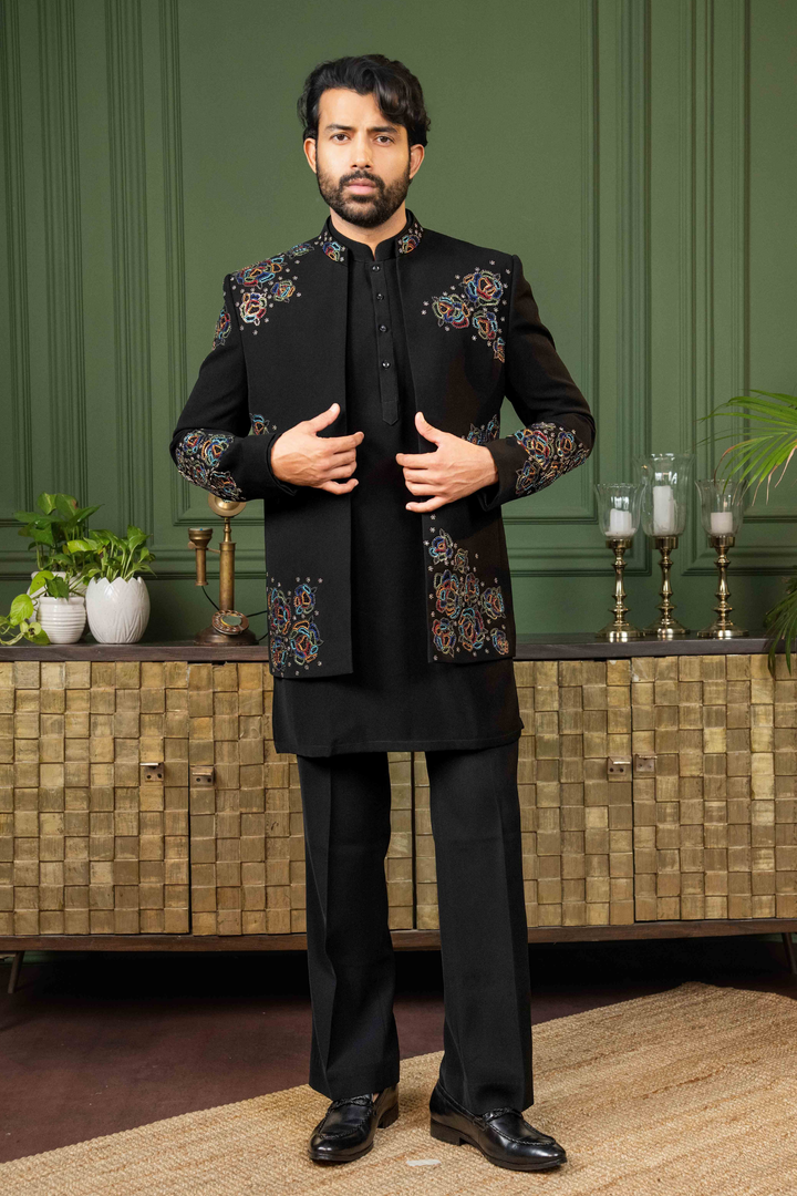 Black - Multicolor Thread & Pearls - Polyester Lycra - Indo Western