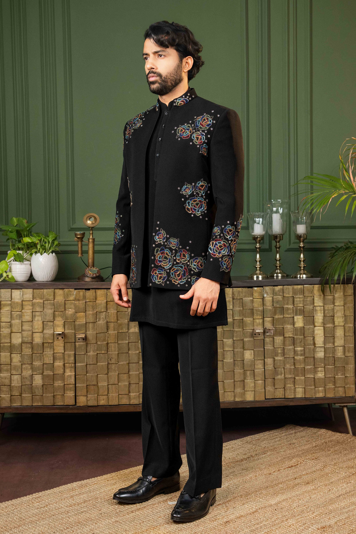 Black - Multicolor Thread & Pearls - Polyester Lycra - Indo Western
