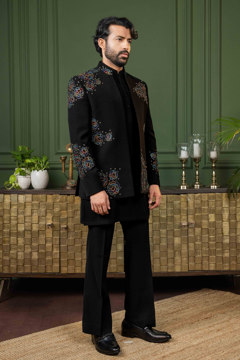 Black - Multicolor Thread & Pearls - Polyester Lycra - Indo Western