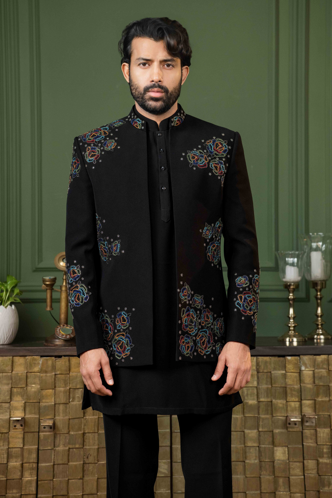 Black - Multicolor Thread & Pearls - Polyester Lycra - Indo Western – Image 7