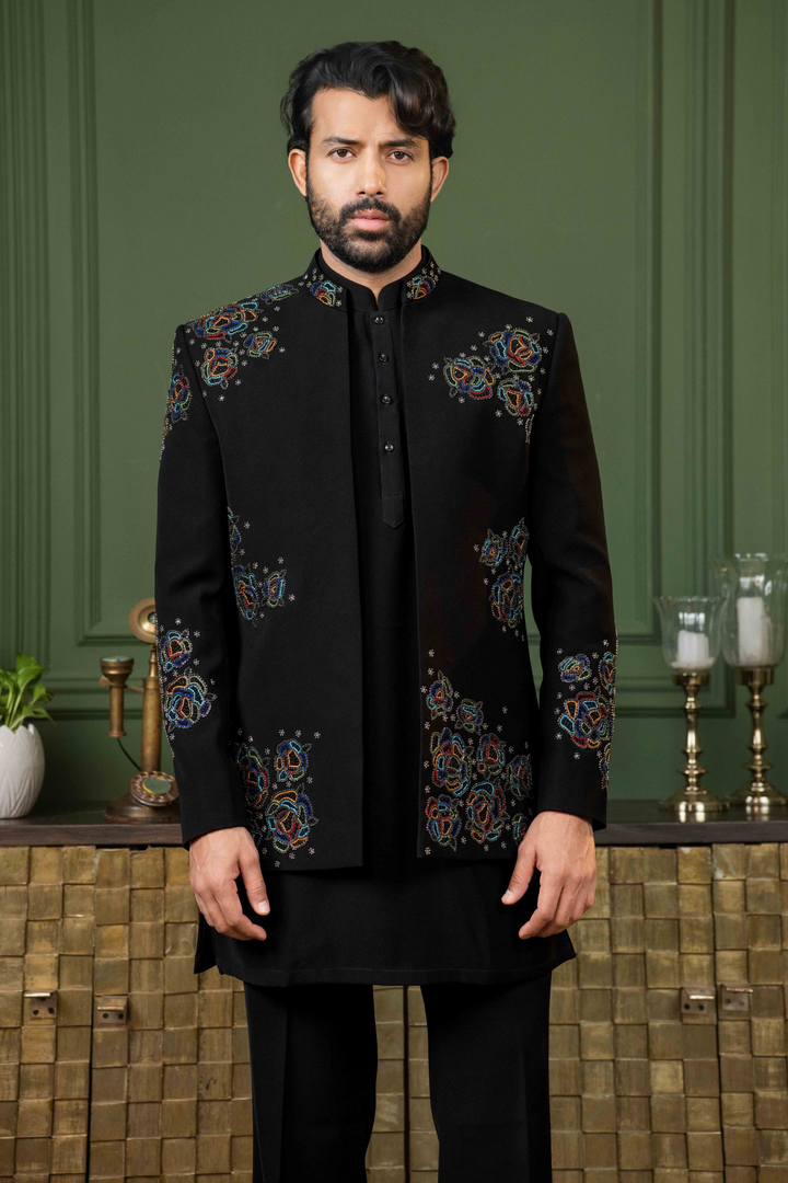 Black - Multicolor Thread & Pearls - Polyester Lycra - Indo Western