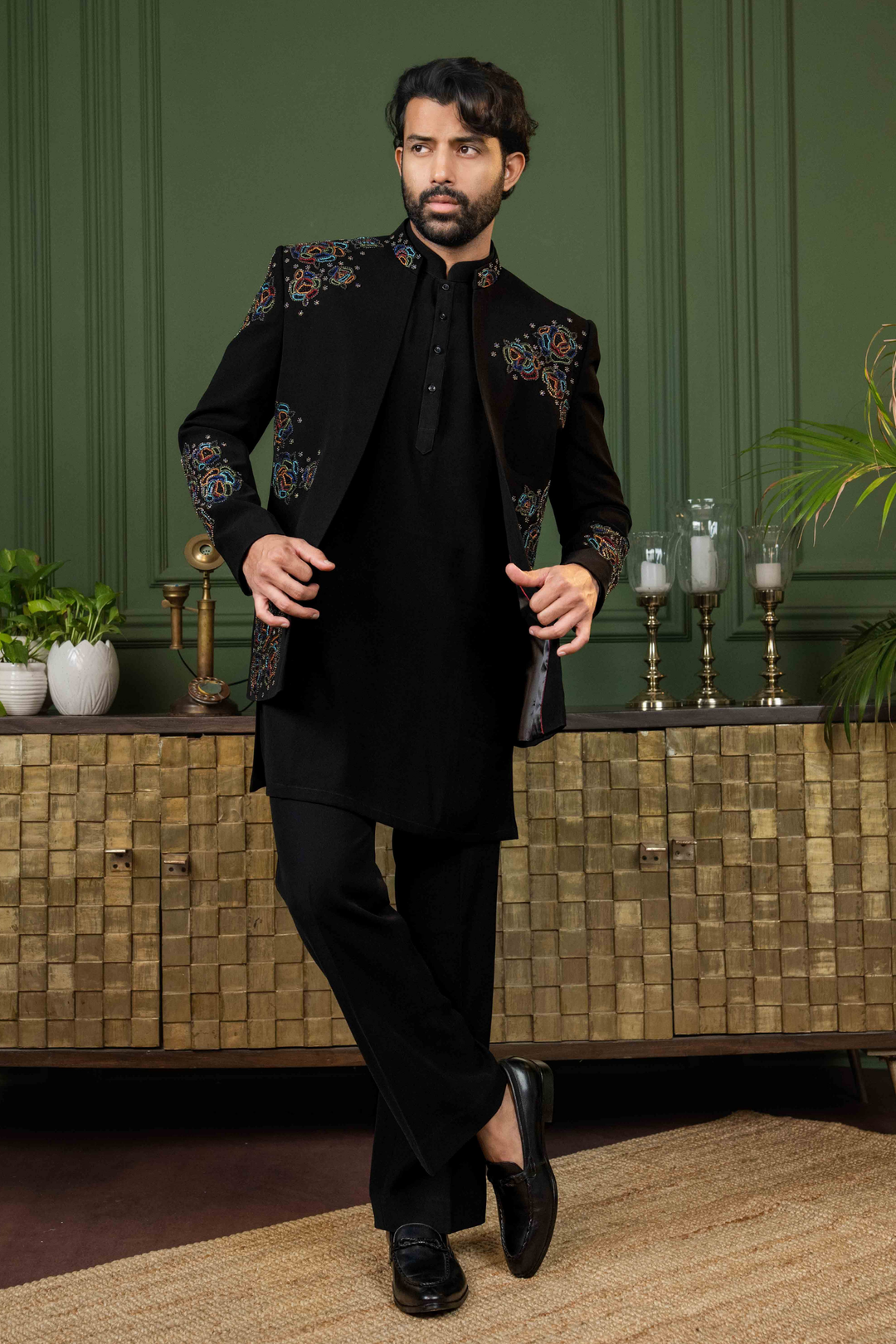 Black - Multicolor Thread & Pearls - Polyester Lycra - Indo Western – Image 4