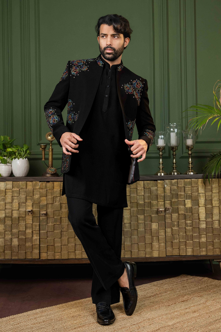 Black - Multicolor Thread & Pearls - Polyester Lycra - Indo Western