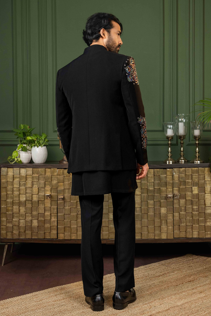 Black - Multicolor Thread & Pearls - Polyester Lycra - Indo Western