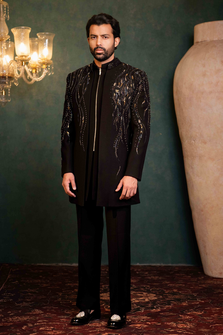 Black - Multicolored Stones & Zardoshi - Polyester Lycra - Indo Western