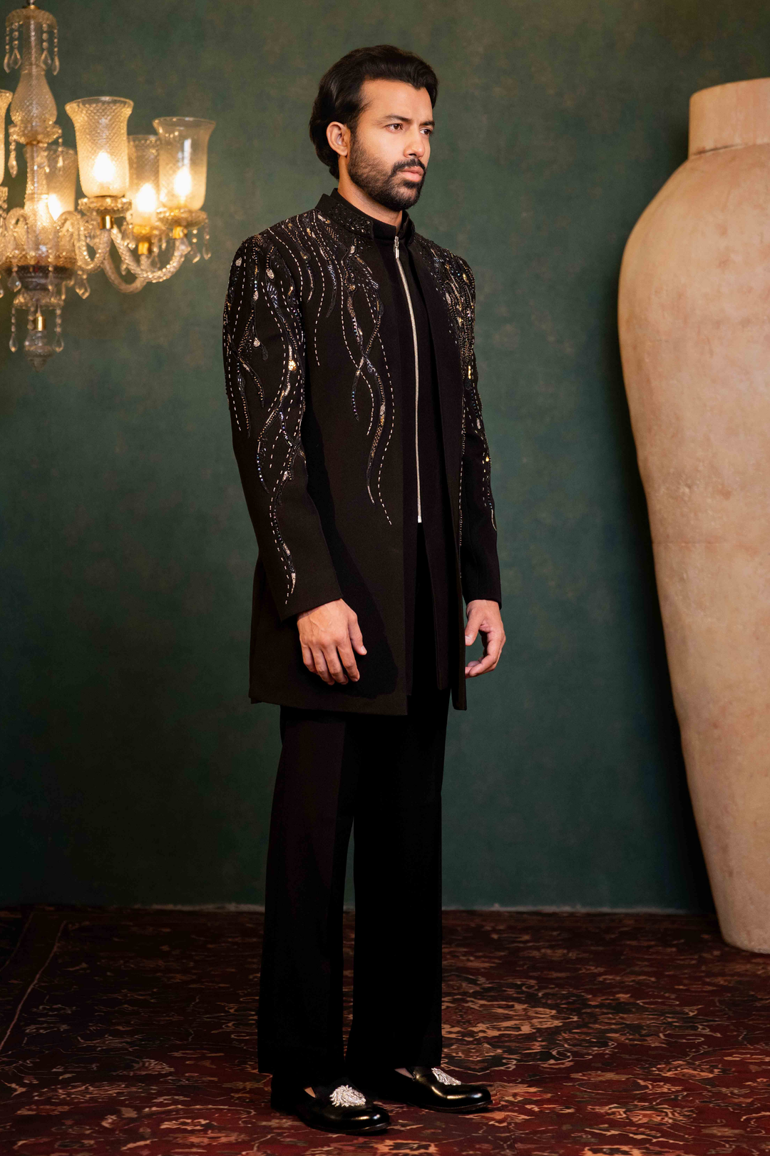 Black - Multicolored Stones & Zardoshi - Polyester Lycra - Indo Western – Image 3