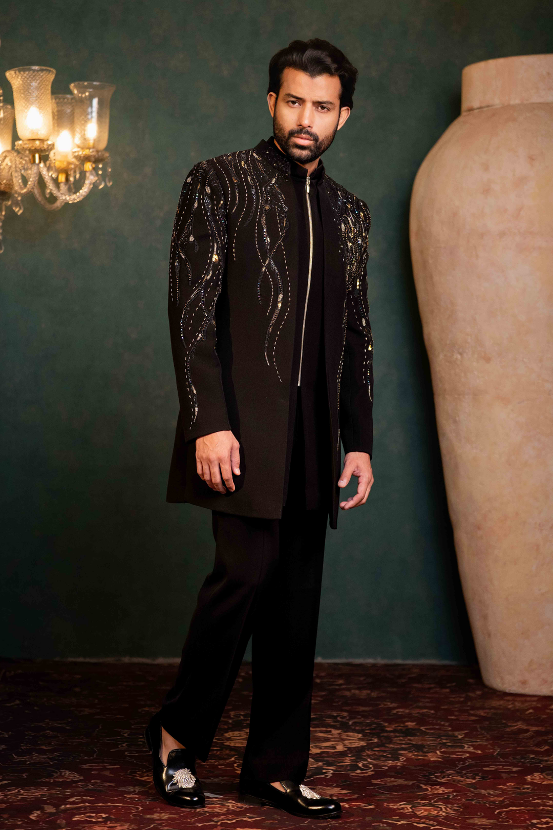 Black - Multicolored Stones & Zardoshi - Polyester Lycra - Indo Western – Image 2