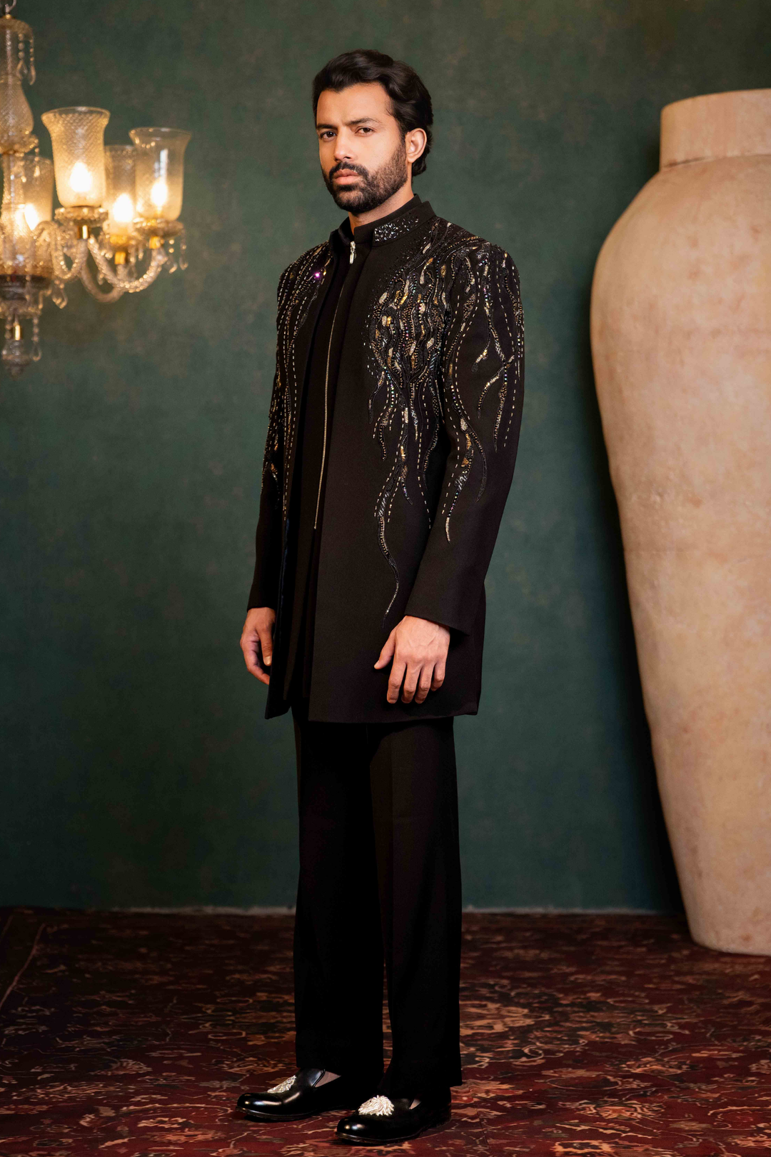 Black - Multicolored Stones & Zardoshi - Polyester Lycra - Indo Western – Image 4