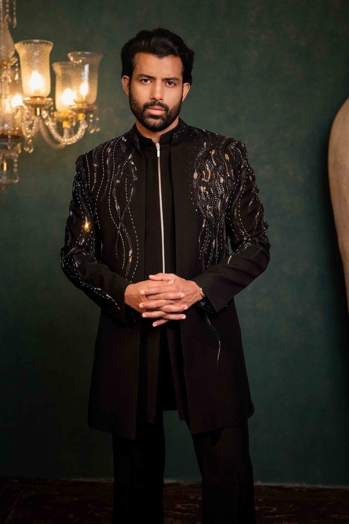 Black - Multicolored Stones & Zardoshi - Polyester Lycra - Indo Western