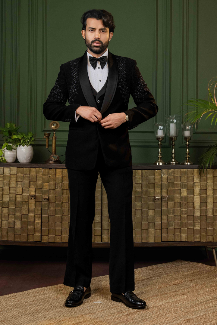Black - Pearls & Sequins - Polyester Lycra - Tuxedo