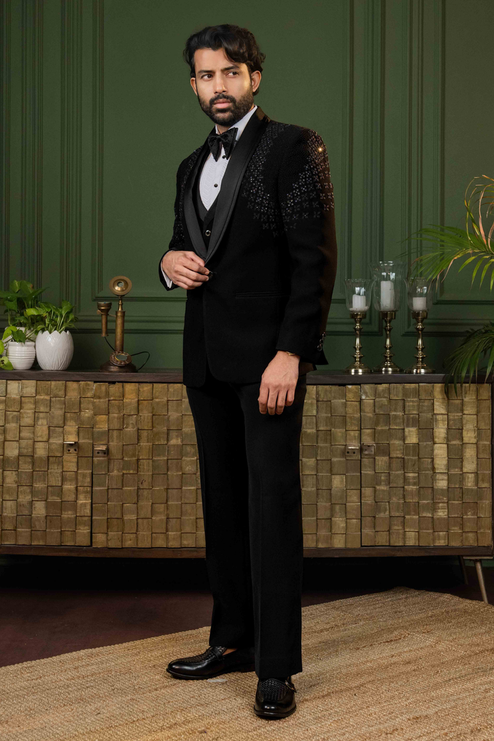 Black - Pearls & Sequins - Polyester Lycra - Tuxedo