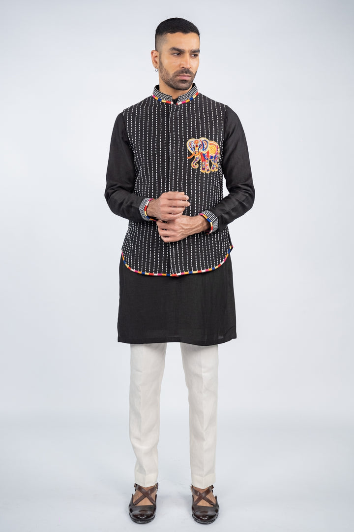 Black Embroidered Elephant Koti Kurta Set