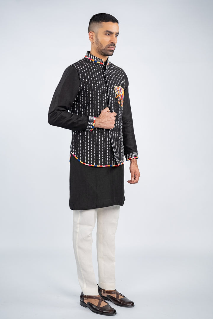 Black Embroidered Elephant Koti Kurta Set