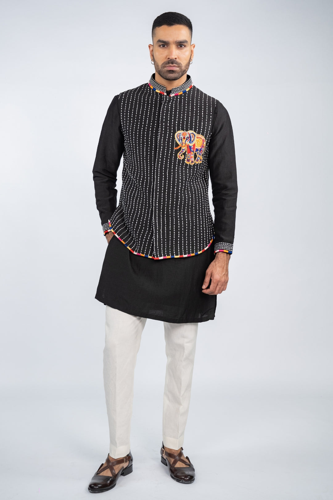 Black Embroidered Elephant Koti Kurta Set – Image 5