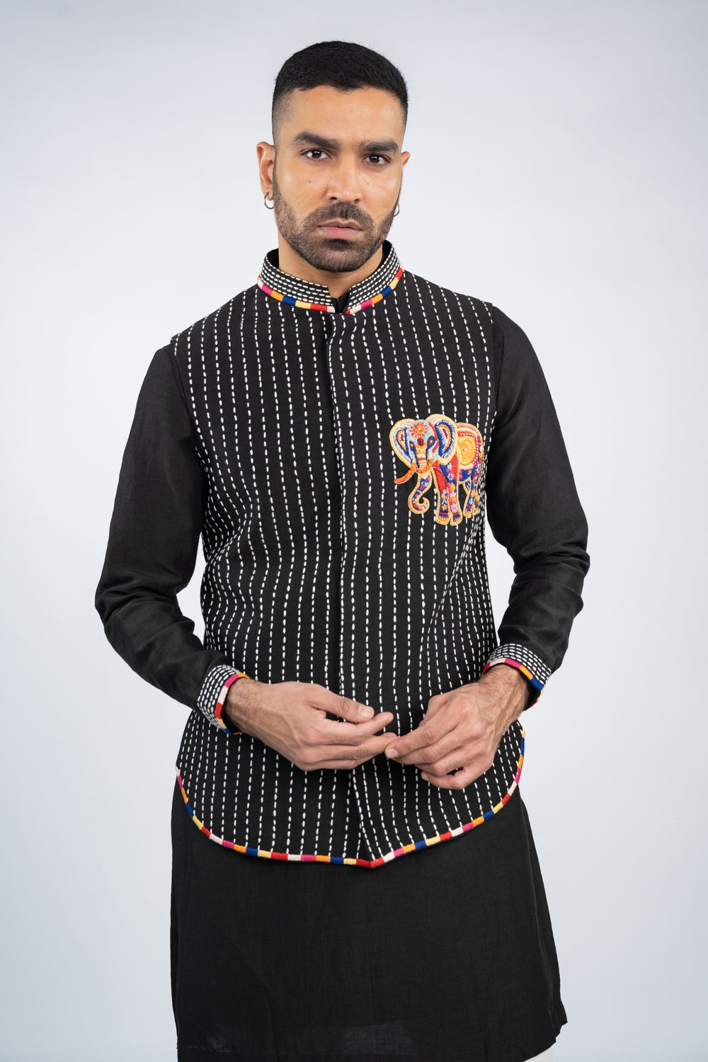 Black Embroidered Elephant Koti Kurta Set