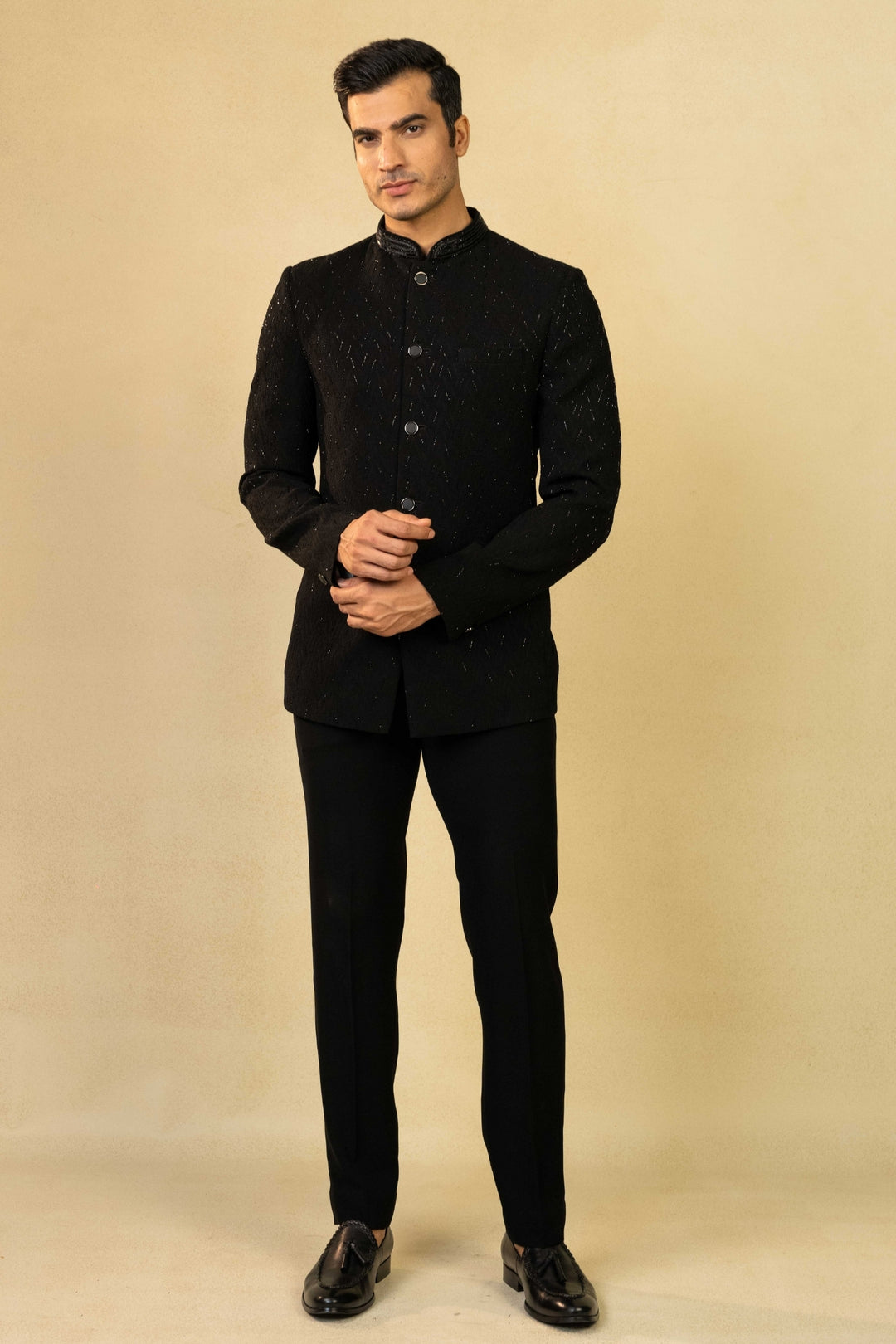 Black Jacquard Jodhpuri with Cut Dana Work