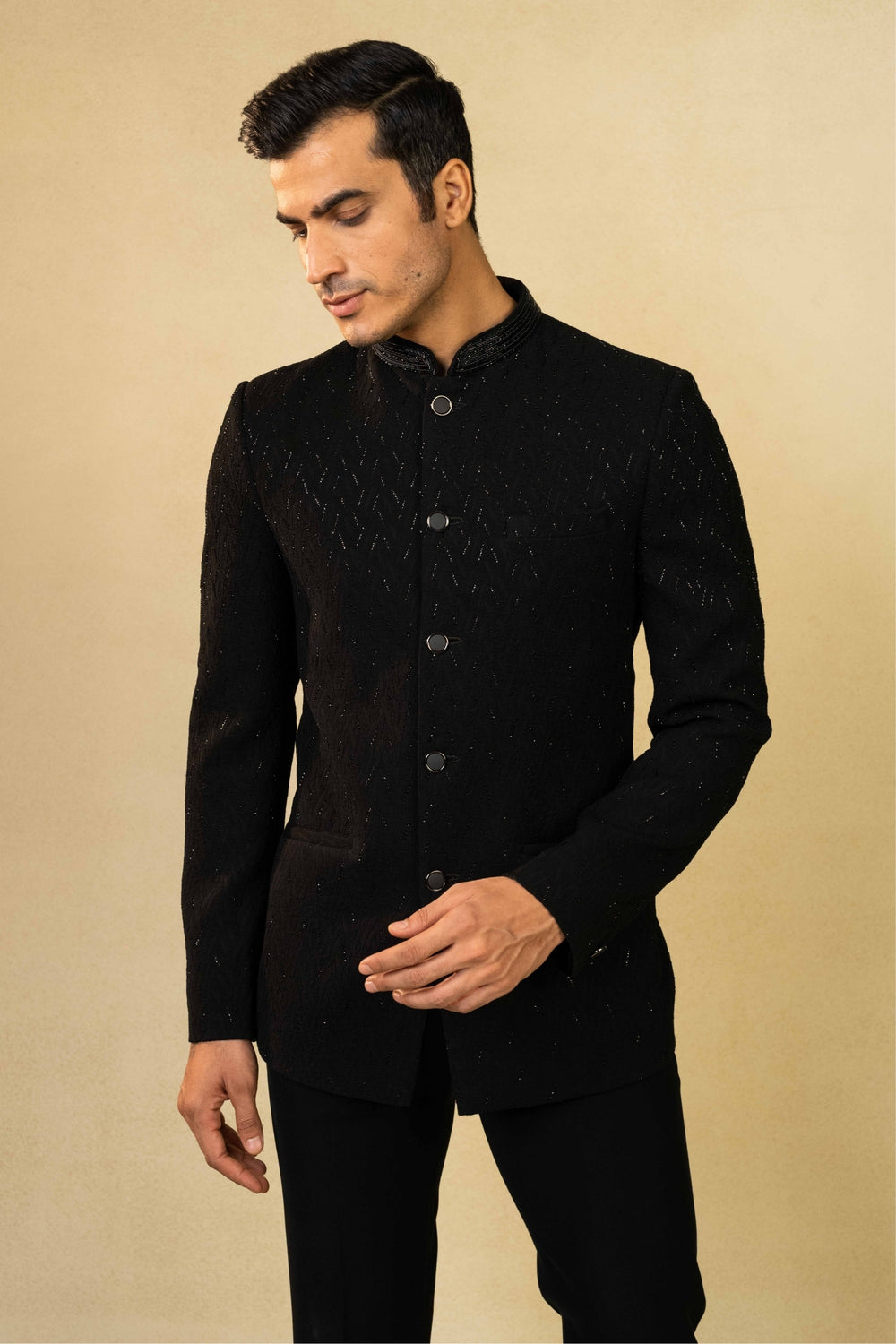 Black Jacquard Jodhpuri with Cut Dana Work