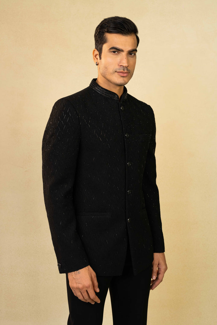 Black Jacquard Jodhpuri with scattered Cut Dana embroidery