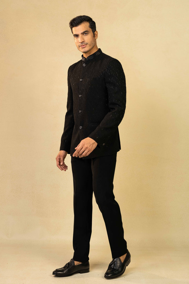 Black Jacquard Jodhpuri with scattered Cut Dana embroidery
