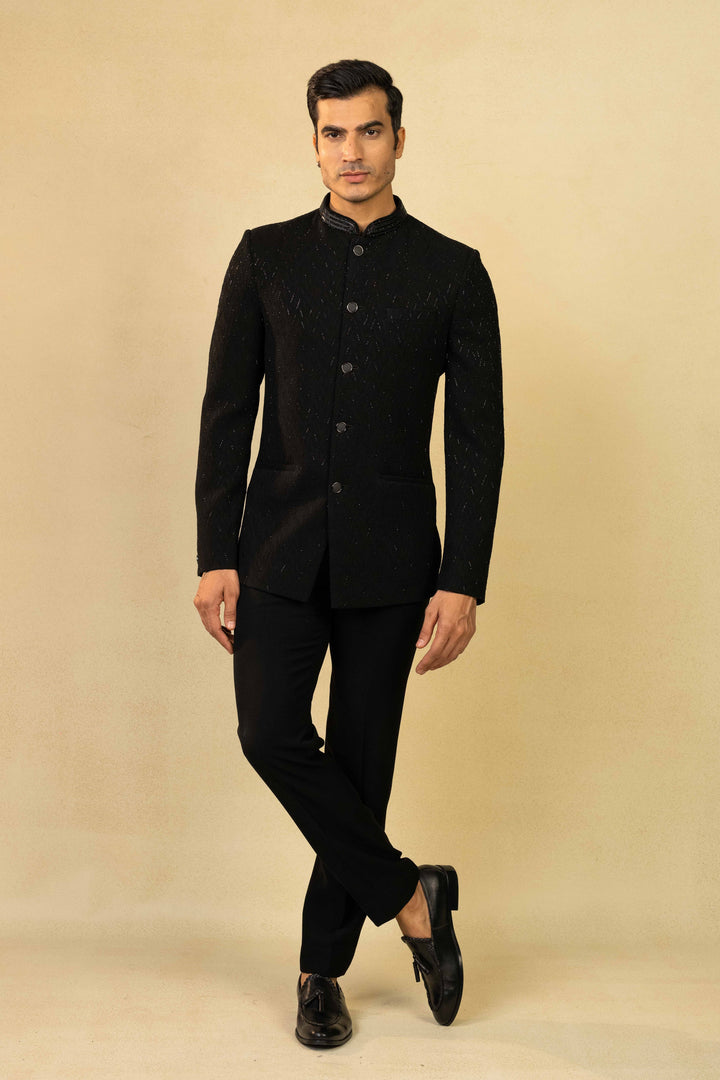 Black Jacquard Jodhpuri with scattered Cut Dana embroidery