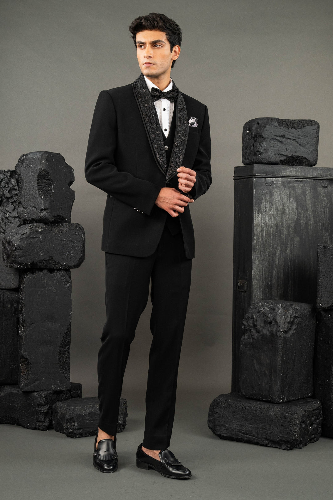 Black Japanese Fabric Beadwork Tuxedo Set