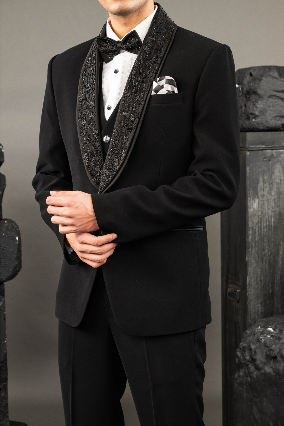 Black Japanese Fabric Beadwork Tuxedo Set – Image 4