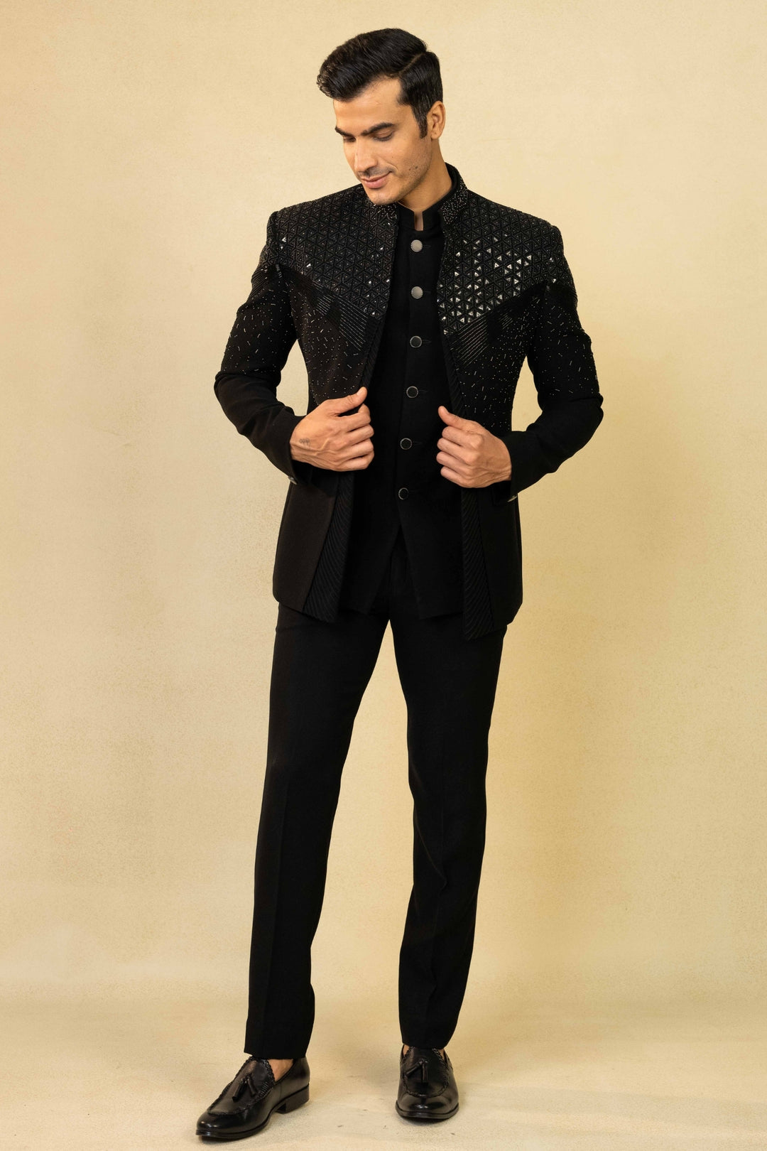 Black Jodhpuri suit featuring refined pin-tuck detailing and metallic embroidery – Image 4
