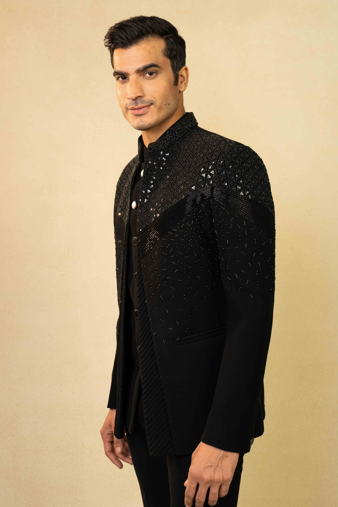 Black Jodhpuri suit featuring refined pin-tuck detailing and metallic embroidery – Image 6