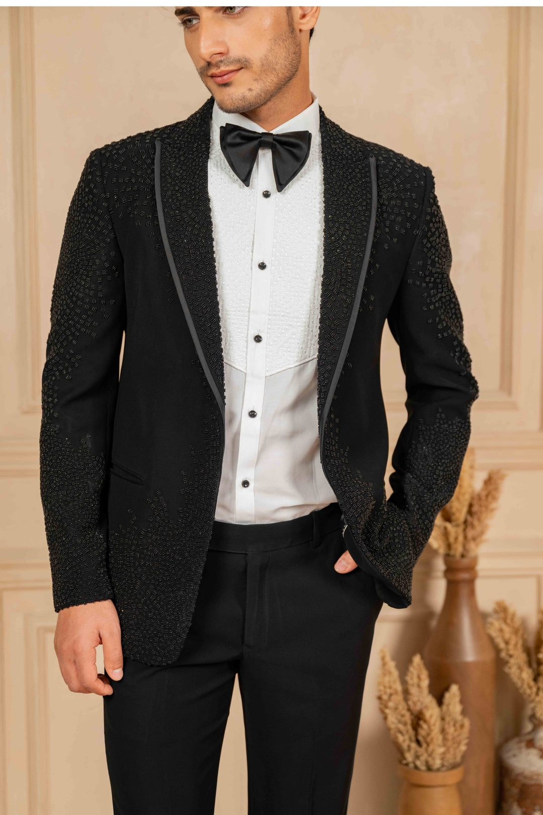 Black Peak Lapel Tuxedo with Pearl Work – Image 3