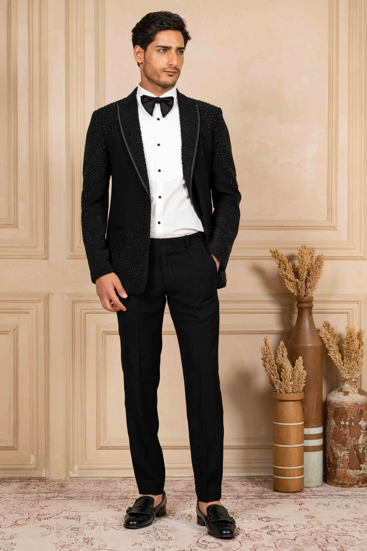 Black Peak Lapel Tuxedo with Pearl Work