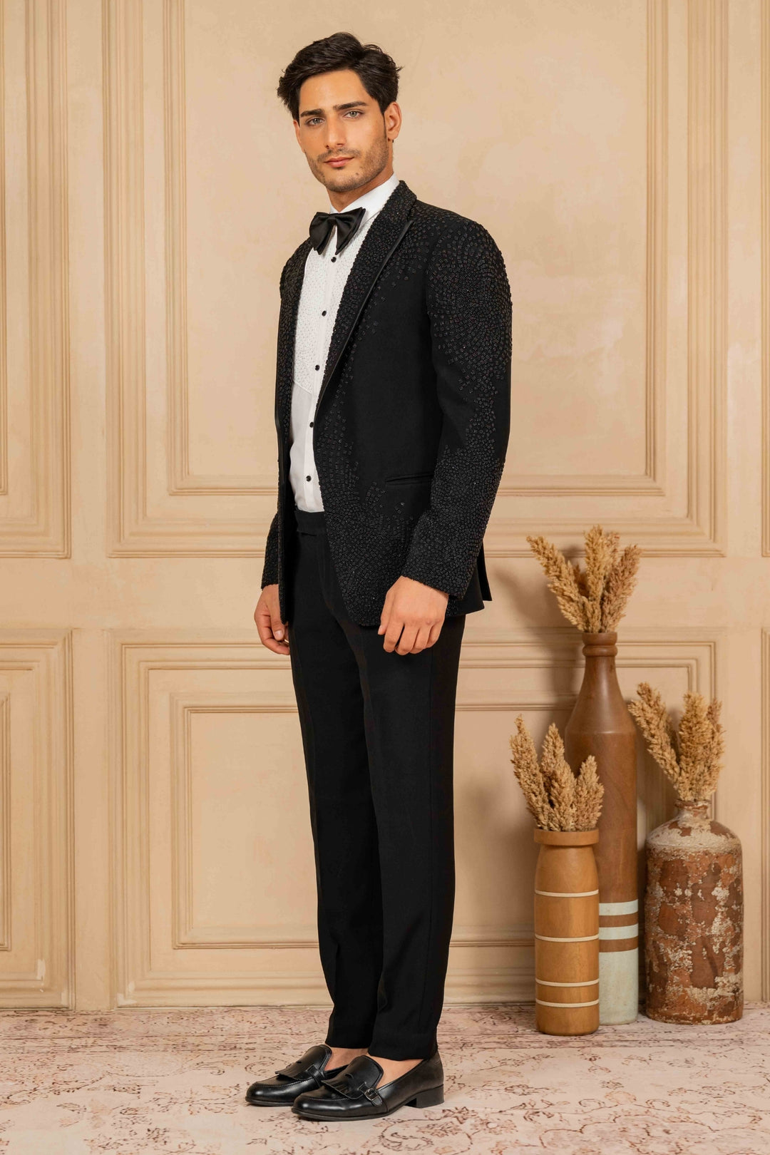 Black Peak Lapel Tuxedo with Pearl Work – Image 6